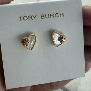 Tory Burch Gold Heart Stud Earrings Mother-of-Pearl Logo Studs